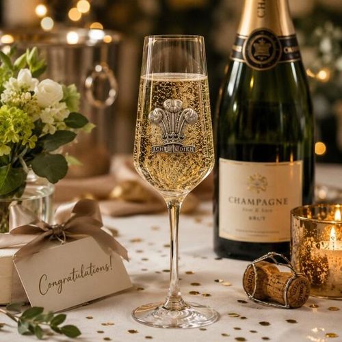 A Champagne Flute with a Pewter Welsh Feathers badge on the front, filled with Champagne