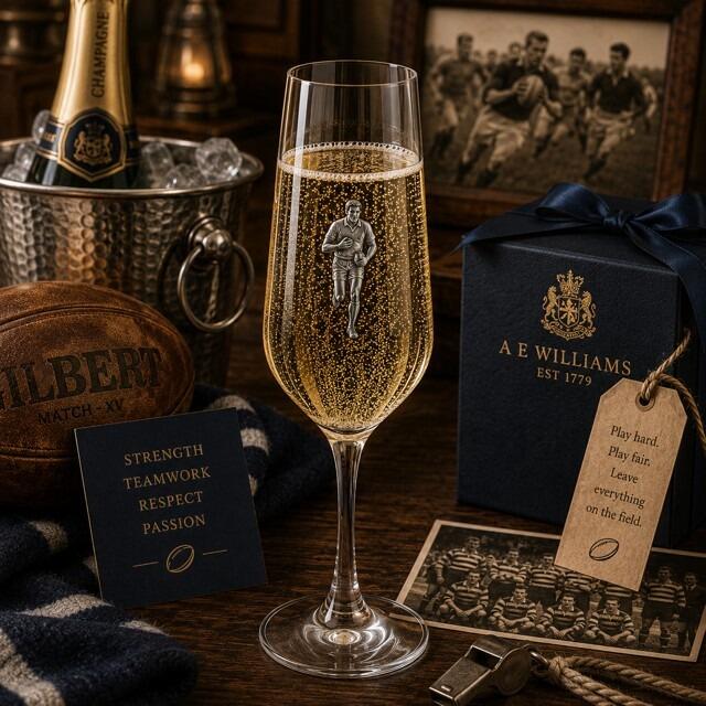 A Champagne Flute with a Pewter Rugby badge on the front, filled with Champagne