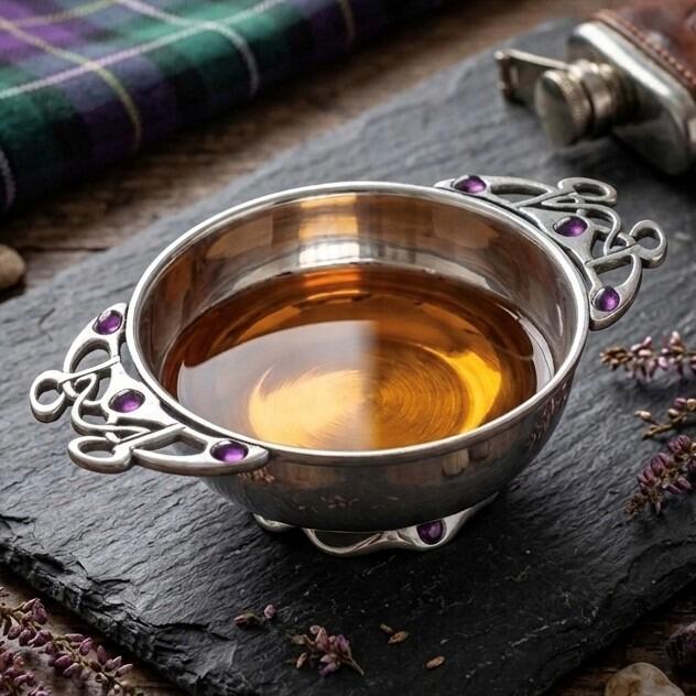 Traditional pewter quaich bowl filled with whiskey, featuring ornate openwork handles and a decorative base inlaid with purple gemstones, displayed on a black slate mat with tartan cloth