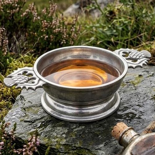 Traditional pewter quaich bowl filled with whiskey, featuring sculpted Scottish thistle handles, displayed outdoors on a wet mossy stone with heather in the background