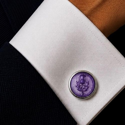 Pair of pewter cufflinks with hand-enamelled lilac Scottish thistle design