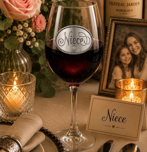Wine glass with handmade pewter niece badge filled with red wine