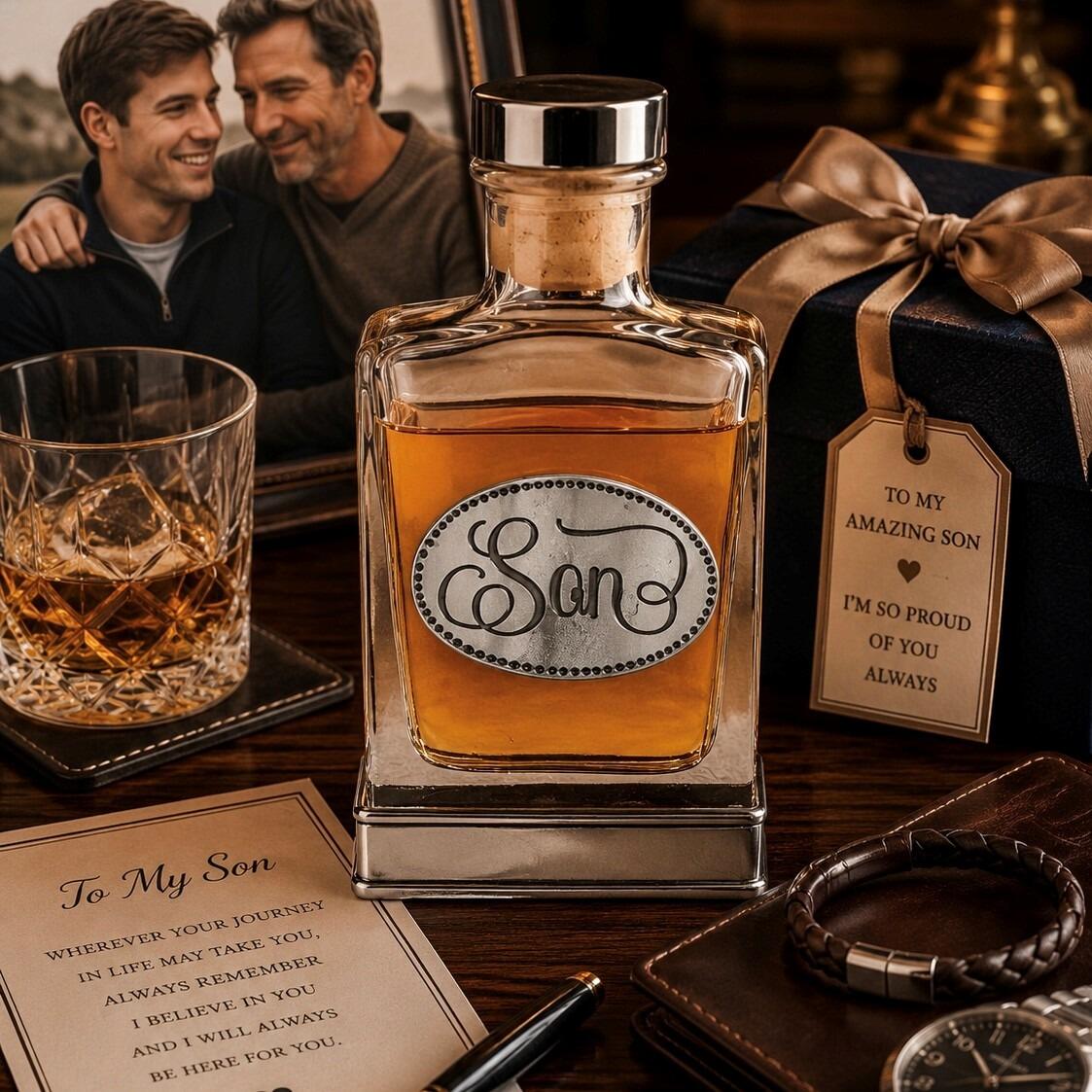 A glass flask with a pewter base and a handcrafted pewter “Son” emblem on the front