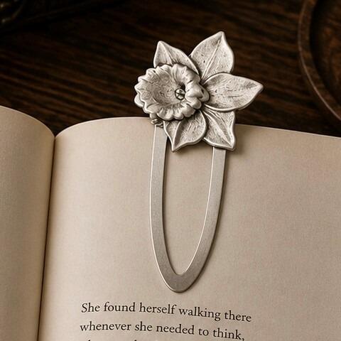 Handcrafted pewter daffodil metal clip bookmark resting on open book page