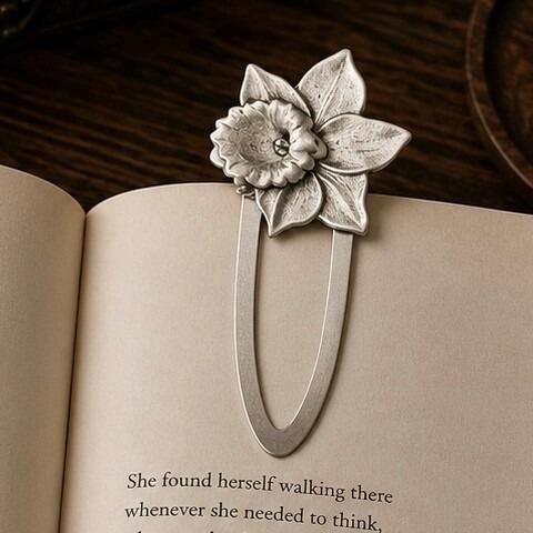 Handcrafted pewter daffodil metal clip bookmark resting on open book page