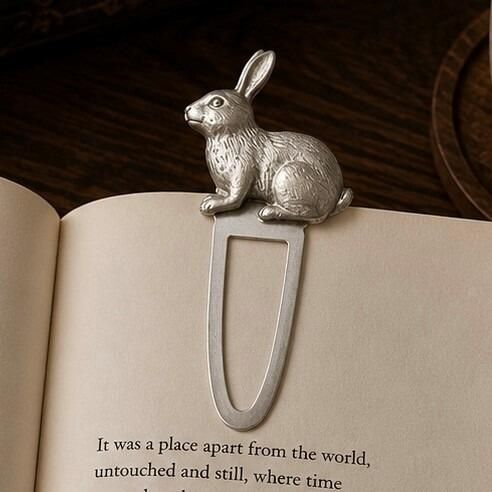 Handcrafted pewter rabbit metal clip bookmark resting on open book page