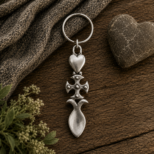 Handcrafted pewter Welsh lovespoon keyring featuring a smooth heart motif and a studded Celtic cross above a spoon bowl, resting on a rustic wooden background next to grey knit fabric and a carved stone heart.