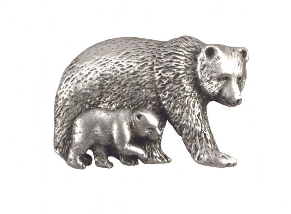 Pewter lapel pin featuring detailed bear and cub design in nurturing pose