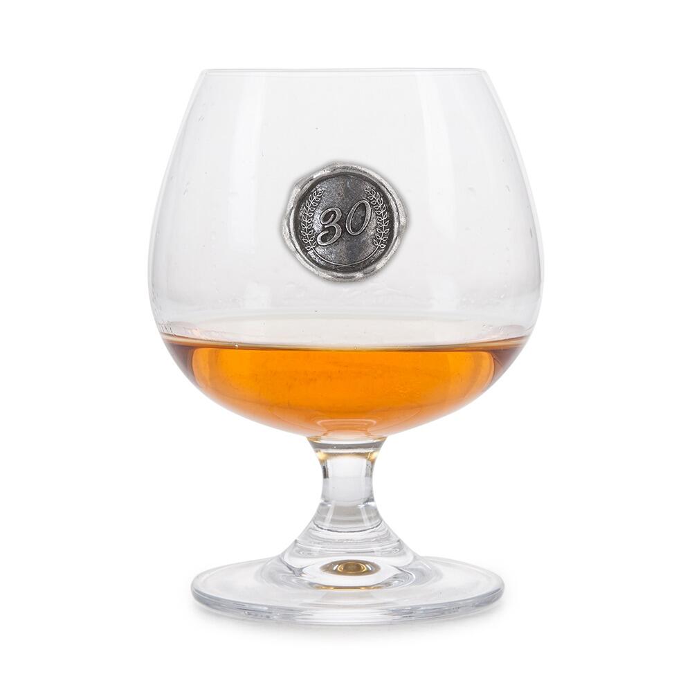 Brandy Glass with a Pewter 30 Monogram badge on the front