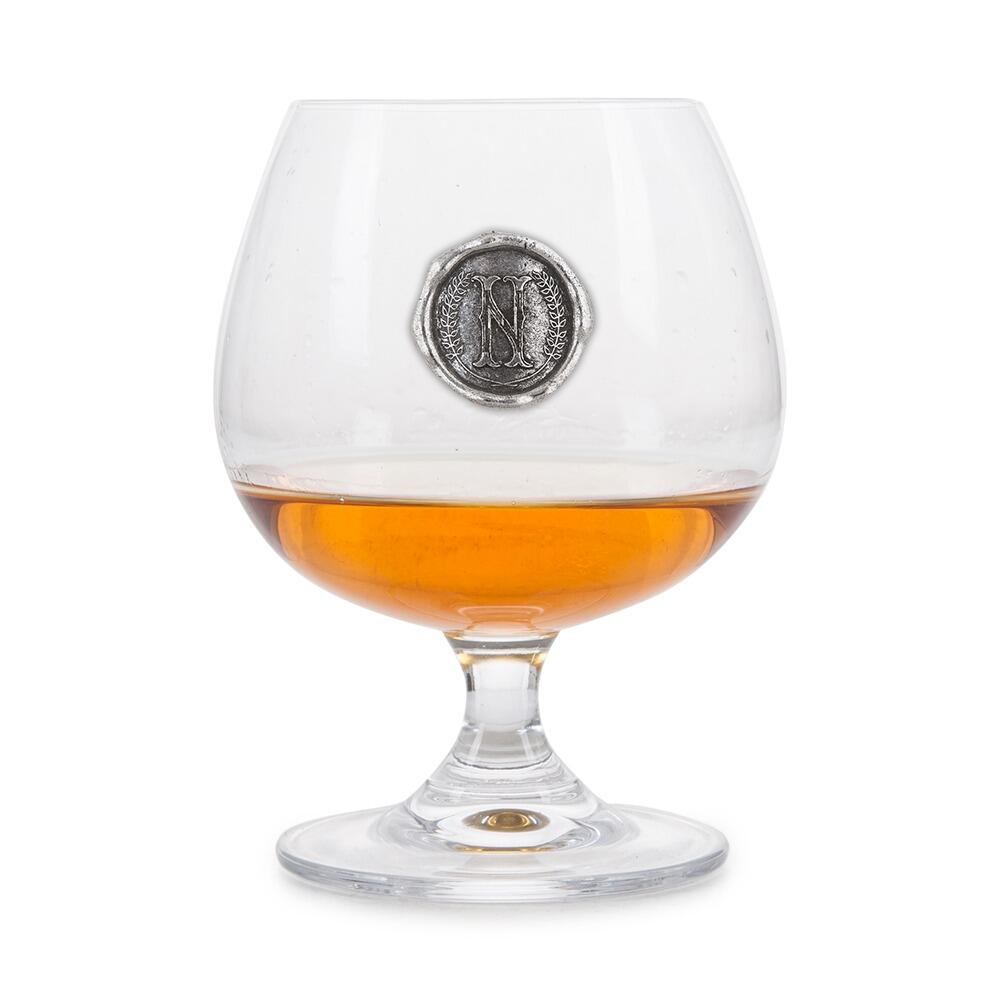 Brandy Glass with a Pewter N Monogram badge on the front
