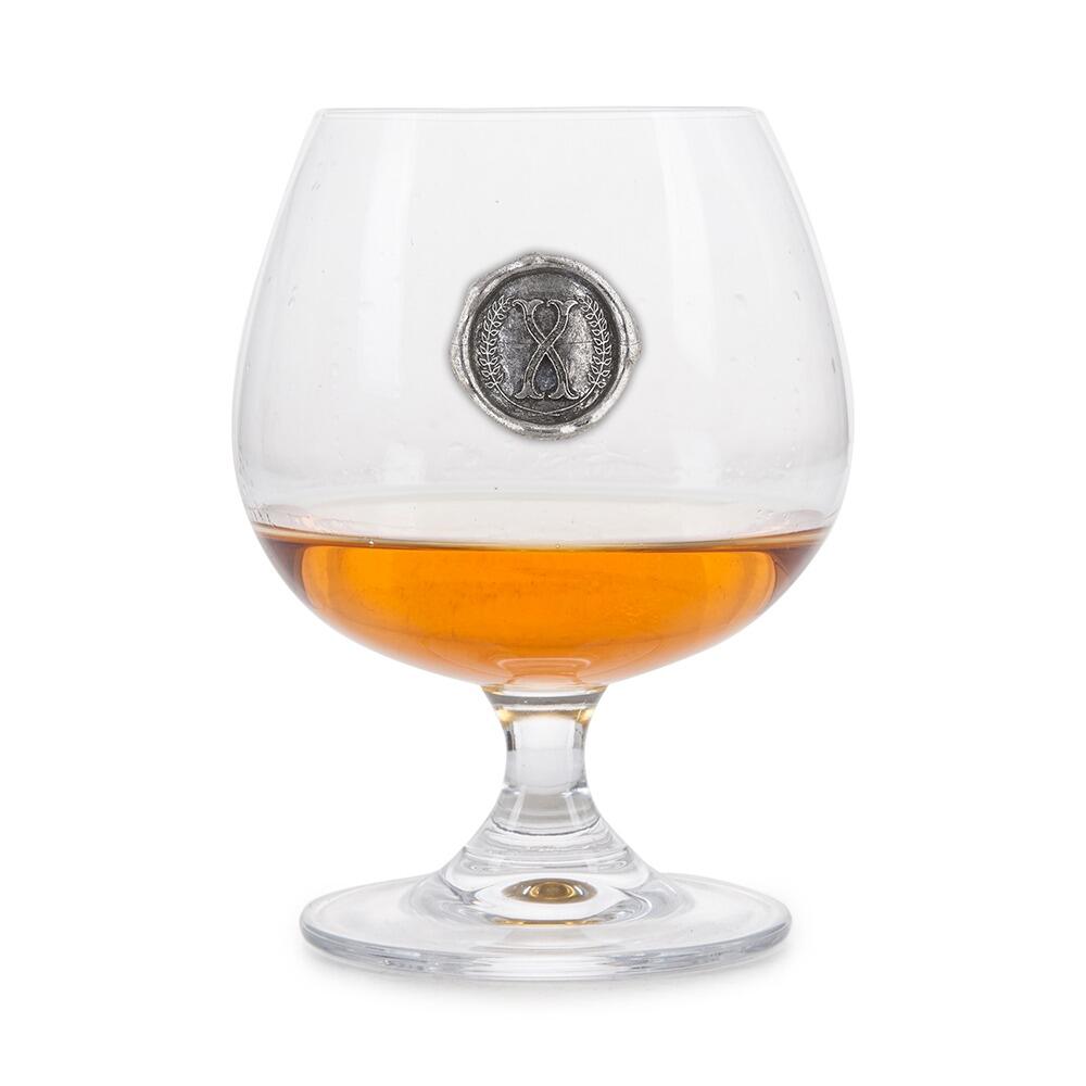 Brandy Glass with a Pewter X Monogram badge on the front