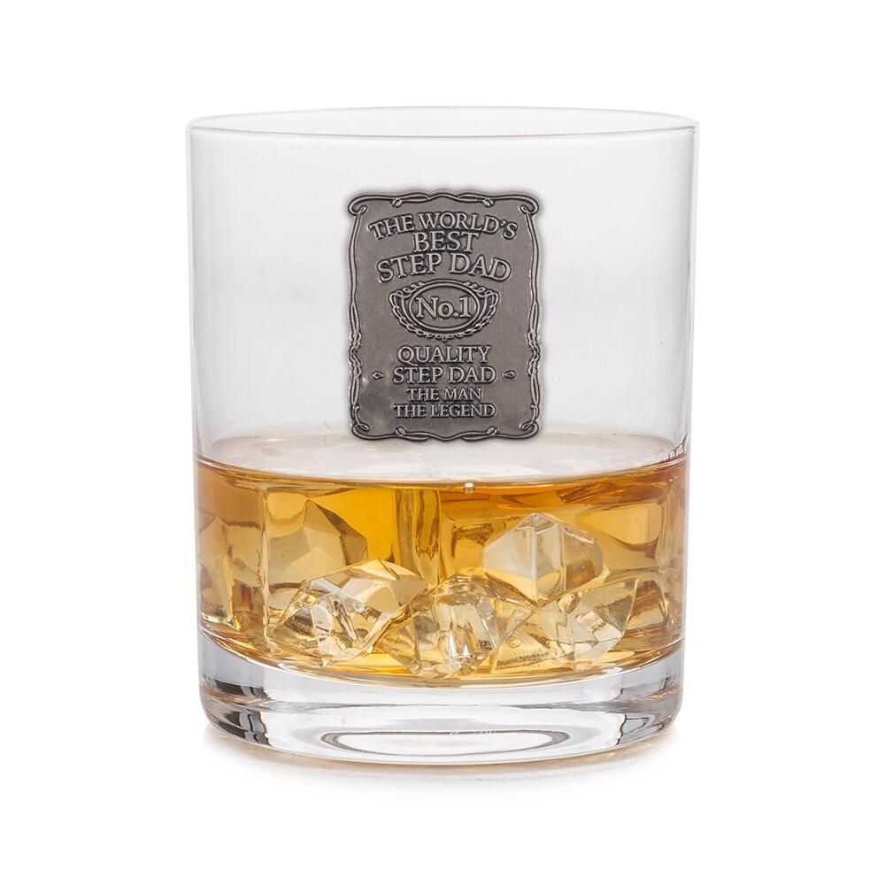 A Whisky Tumbler with a Pewter Label of Worlds Best Step Dad on the front