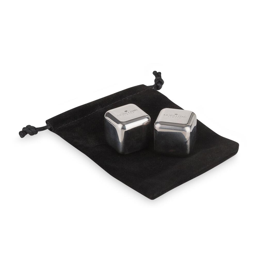 a set of two A E Williams steel whisky stones on a black pouch