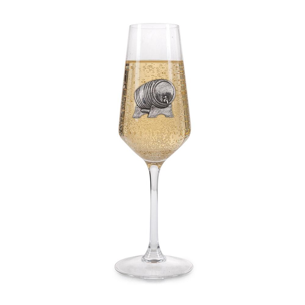 Crystal champagne flute with pewter champagne barrel emblem, filled with bubbly champagne