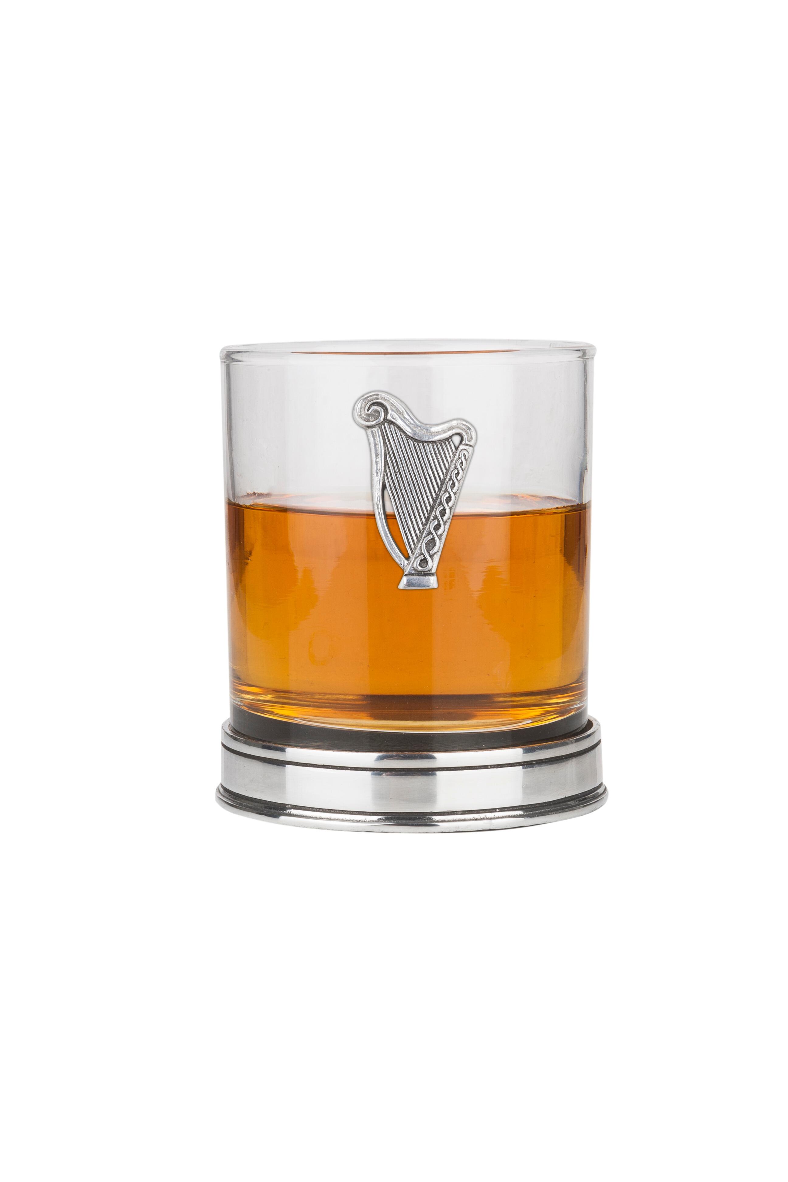 Glass whisky tumbler with pewter base and harp design on the front, crafted by A E Williams in Birmingham, UK