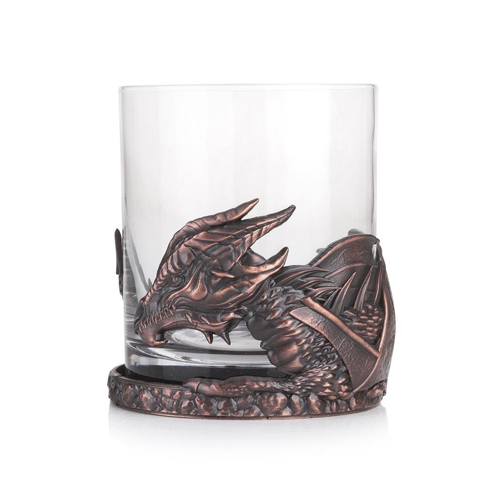 Glass tumbler with bronze dragon-shaped base and wrap-around design