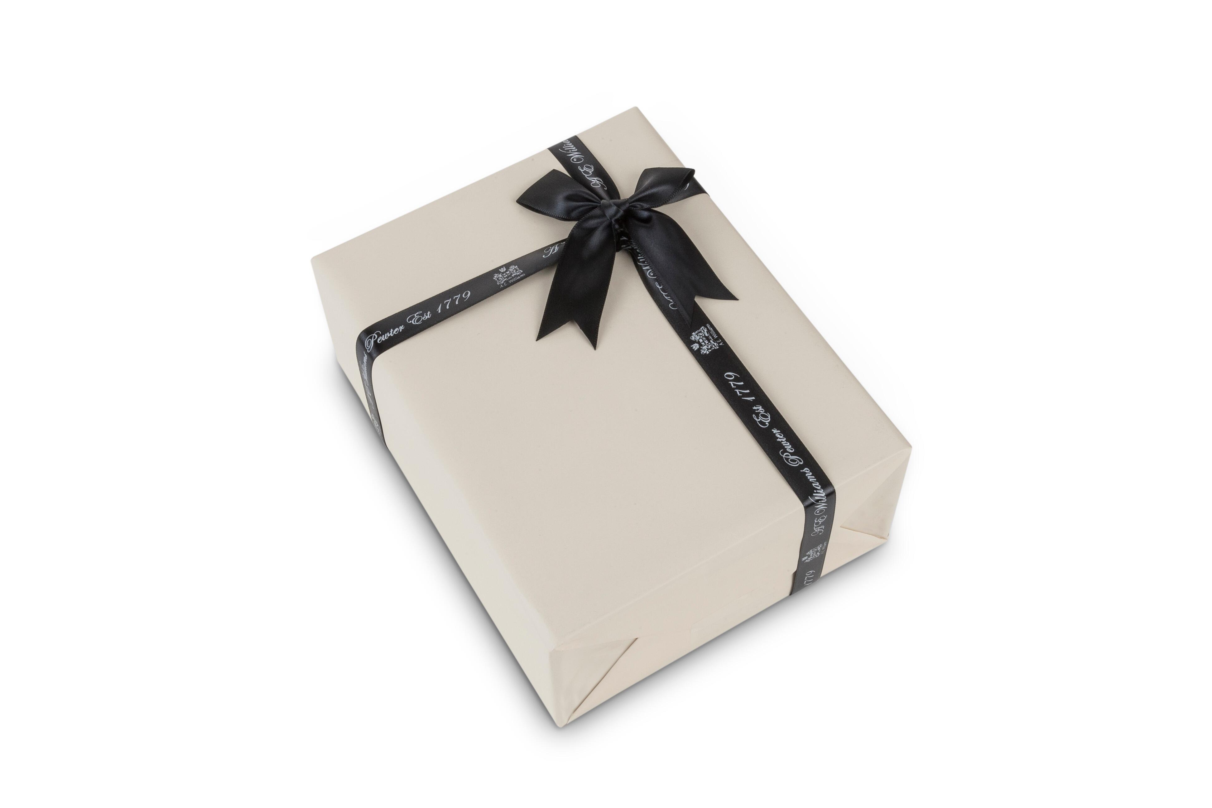 Cream-coloured gift box with black 'A E Williams' ribbon and bow