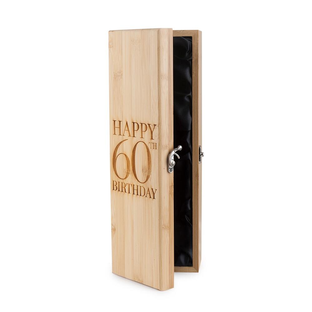 Wooden Bottle Box with "Happy 60th Birthday" engraved onto the Lid partly open