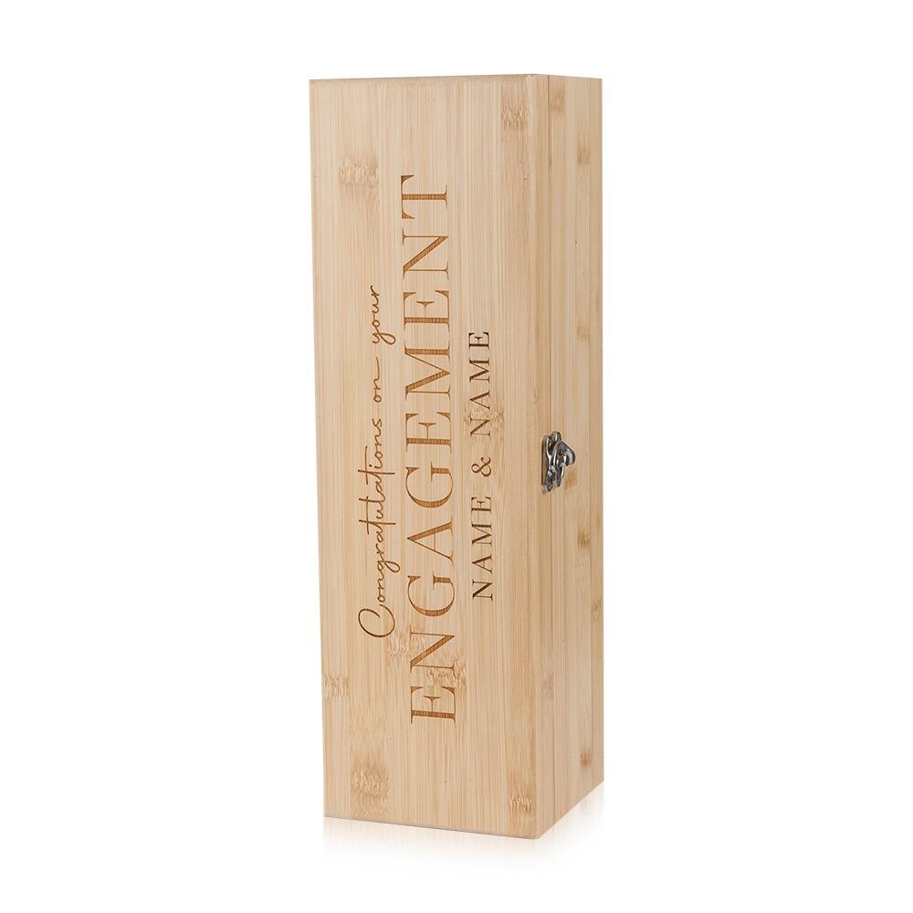 Wooden Bottle Box with "Congratulations on your Engagement" engraved onto the Lid Standing Upright