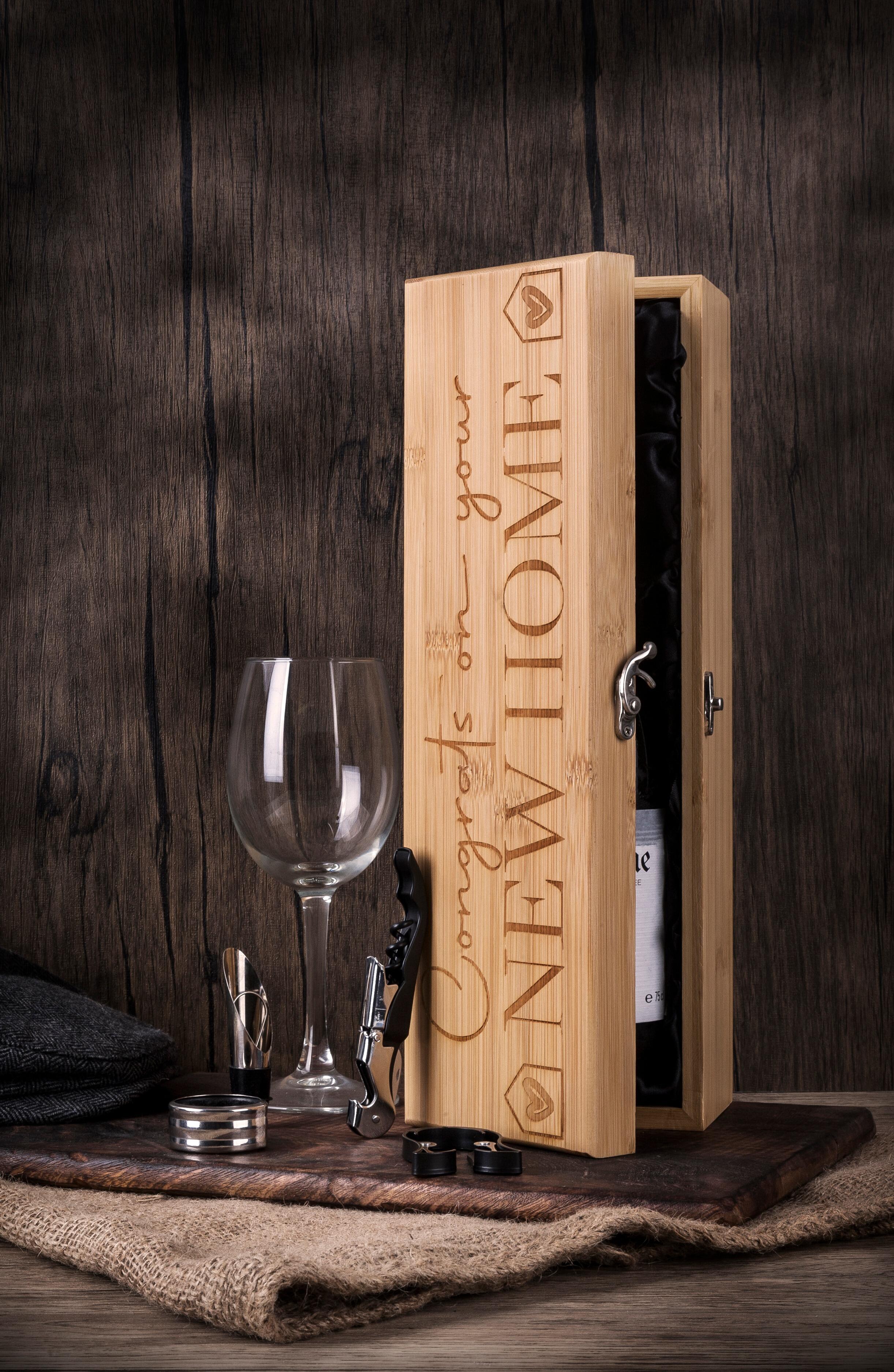 Personalised bamboo new home wine presentation box with heart motif design, featuring luxury wine accessories and engraving