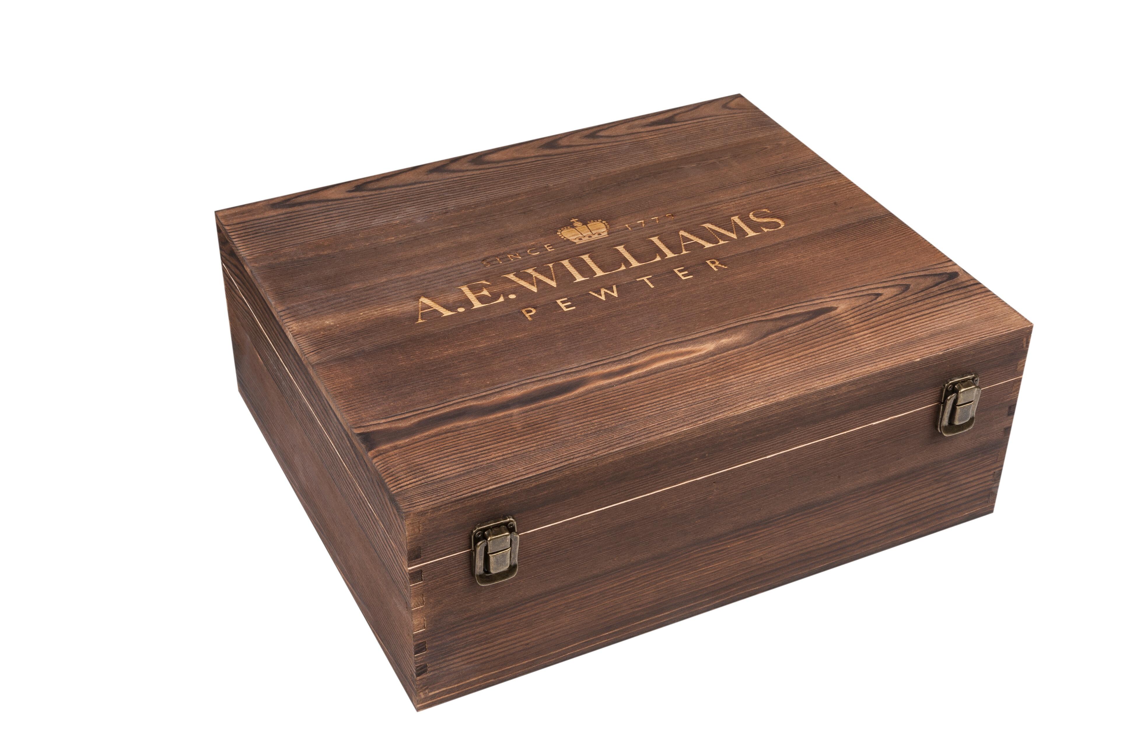 Wooden storage box with brass latches, featuring the engraved text 'A.E. WILLIAMS PEWTER SINCE 1779' with a crown emblem on the lid