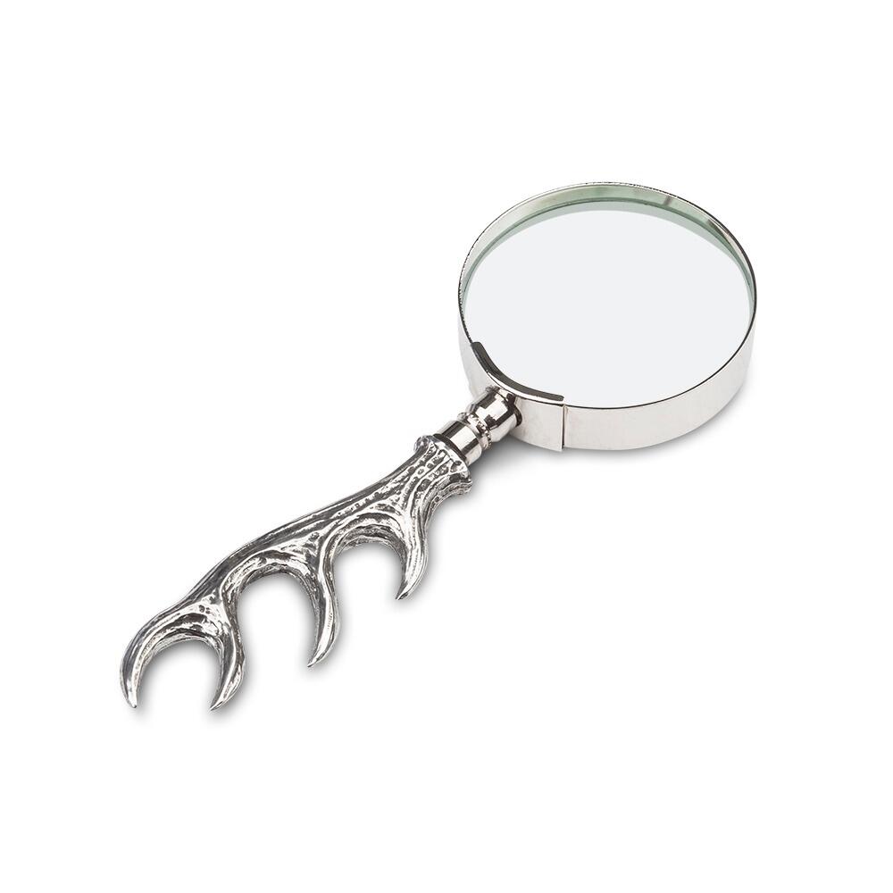 Pewter magnifying glass with detailed antler handle design
