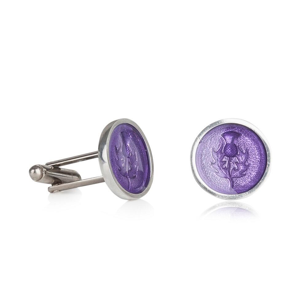 Pair of pewter cufflinks with hand-enamelled lilac Scottish thistle design