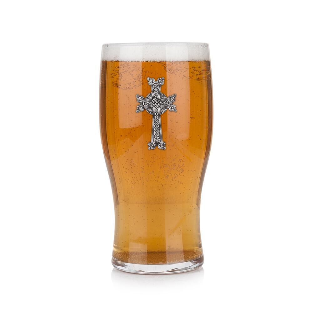 Pint glass with handmade pewter cross badge featuring sacred Christian symbol filled with golden beerRetryClaude can make mistakes. Please double-check responses.