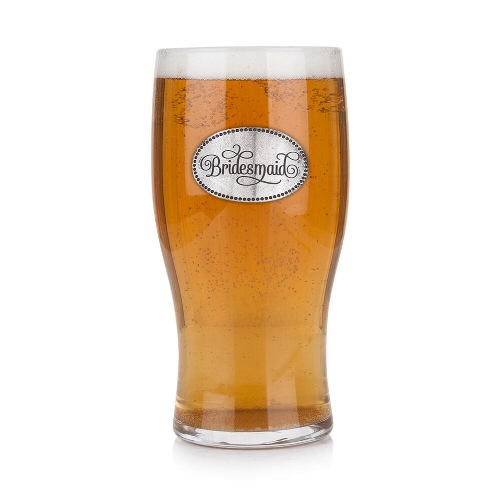 Pint glass with handmade pewter bridesmaid badge featuring elegant script lettering filled with golden beerRetryClaude can make mistakes. Please double-check responses.