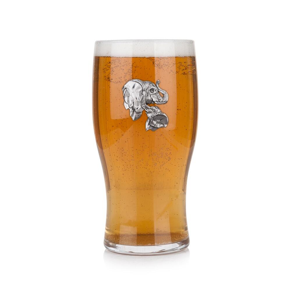 Pint glass with handmade pewter elephant with detailed tusks and textured skin badge filled with golden beerRetryClaude can make mistakes. Please double-check responses.