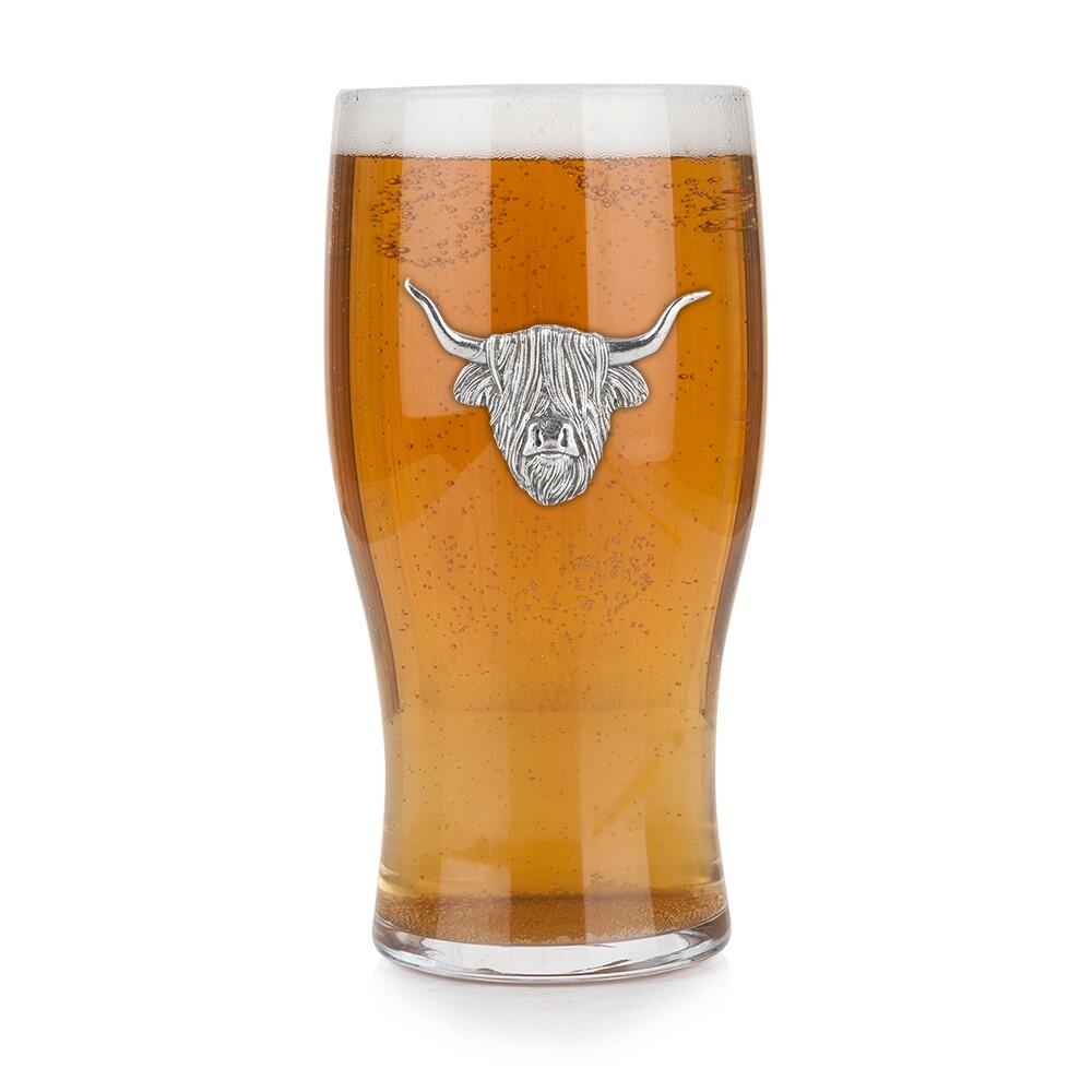 Handmade pewter highland cow beer glass - UK crafted pint glass with Highland Cow badge