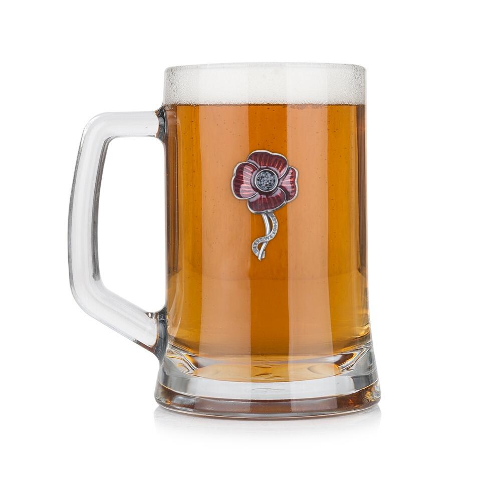 A Beer Tankard with a Pewter Poppy badge on the front, filled with Amber BeerRetryClaude can make mistakes. Please double-check responses.