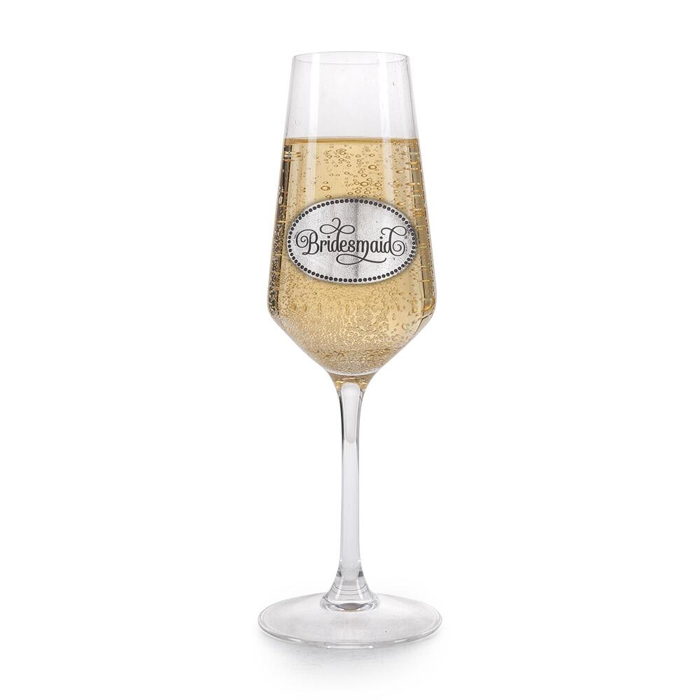 A Champagne Flute with a Pewter Bridesmaid badge on the front, filled with Champagne