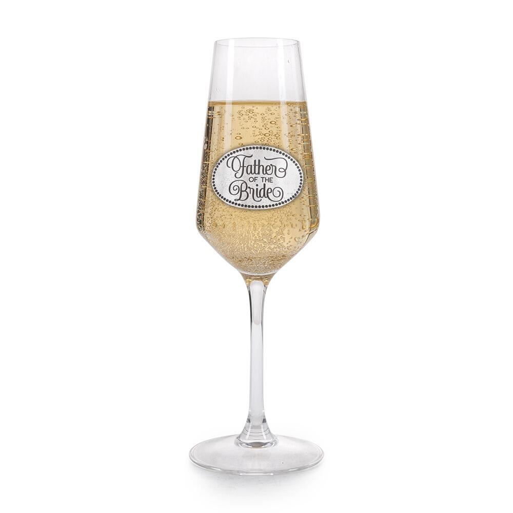 A Champagne Flute with a Pewter Father of the Bride badge on the front, filled with Champagne