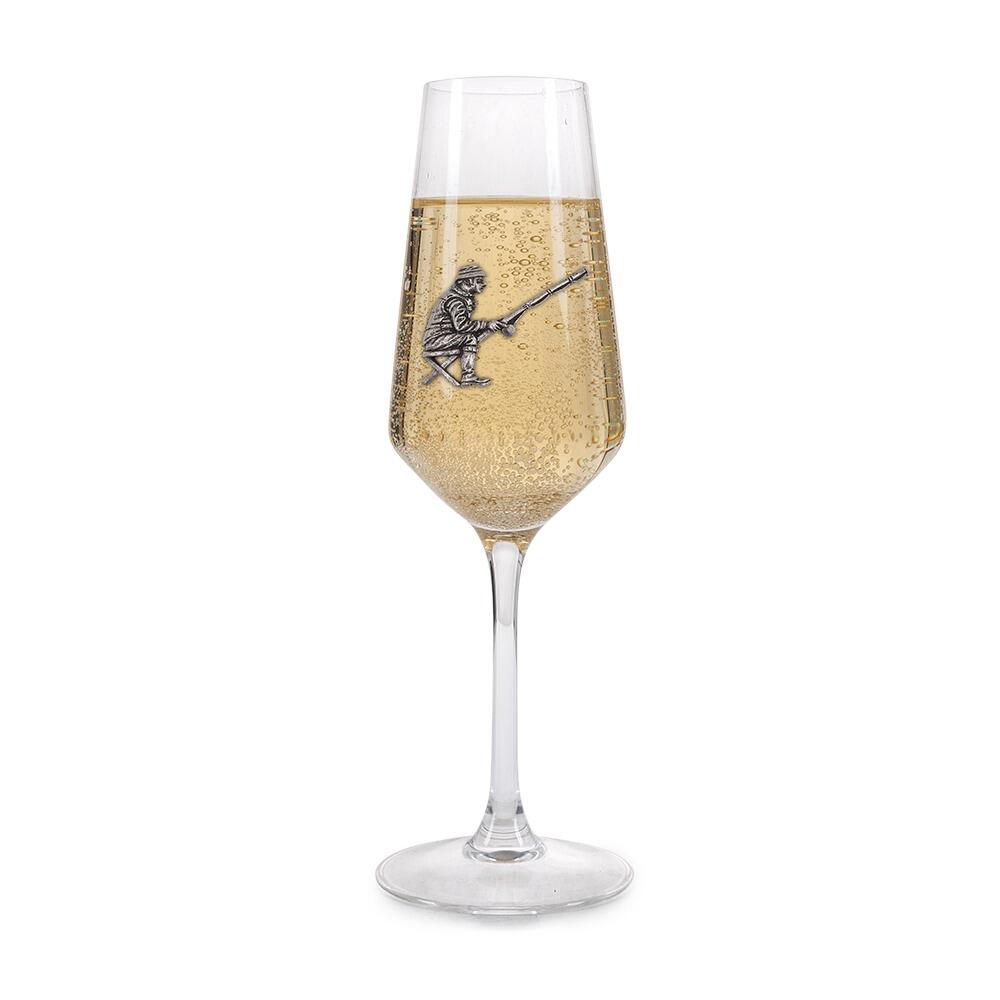 A Champagne Flute with a Pewter Fishing Man badge on the front, filled with Champagne