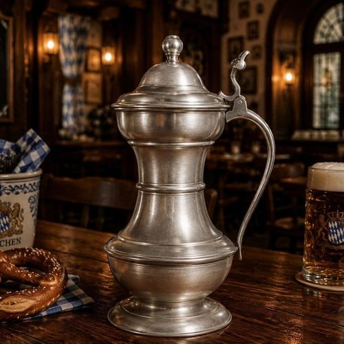 A polished Bavarian style pewter flagon with a flared neck and a hinged flat lid sits on a long wooden bar counter