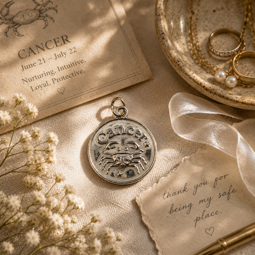 A pewter Cancer charm on a desk