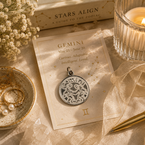 A pewter Gemini Charm on a table