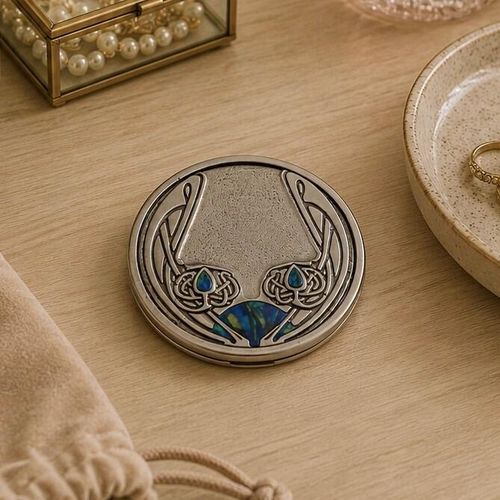 Round pewter compact purse mirror featuring an intricate Archibald Knox Art Nouveau style design with sweeping whiplash lines and vibrant blue enamel inlays
