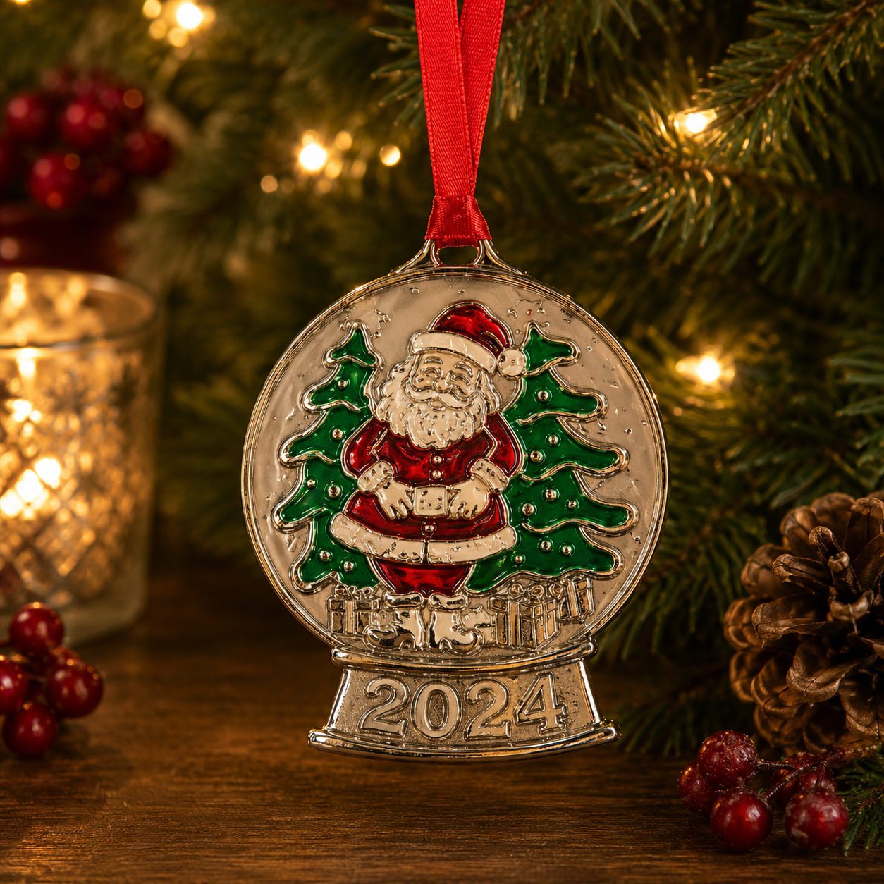 Handcrafted pewter 2024 Christmas ornament featuring Santa Claus in a snow globe with green Christmas trees and festive enamel details, hanging on a decorated Christmas tree with warm holiday lights