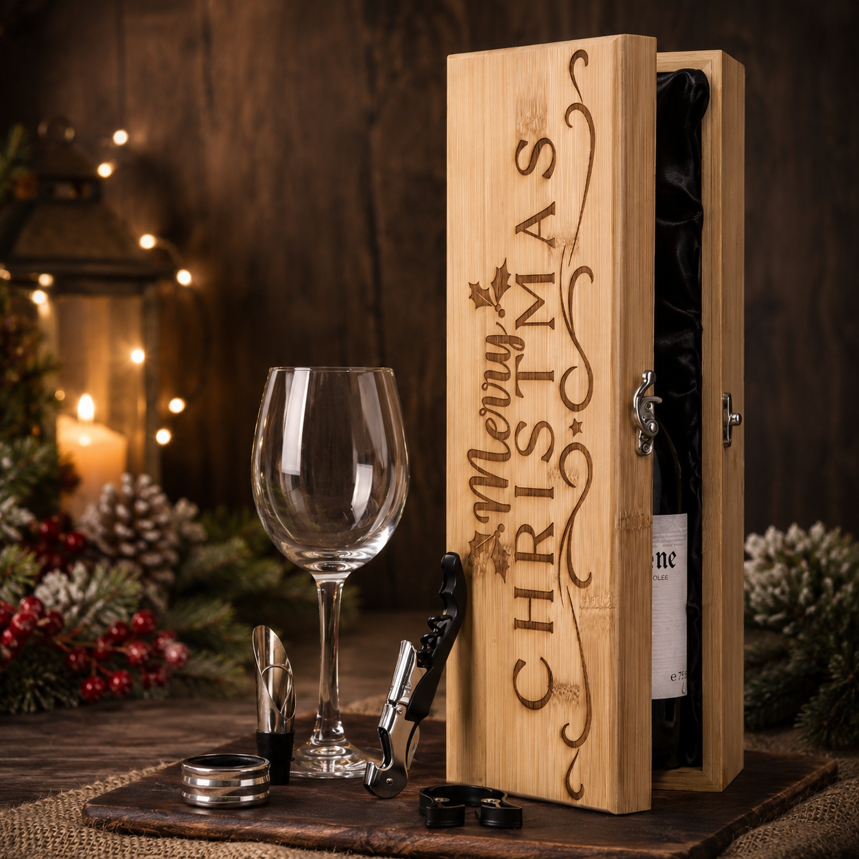Personalised Christmas wine gift set in a wooden presentation box with engraved Merry Christmas design, wine bottle, glass and wine accessories displayed in a festive holiday setting.