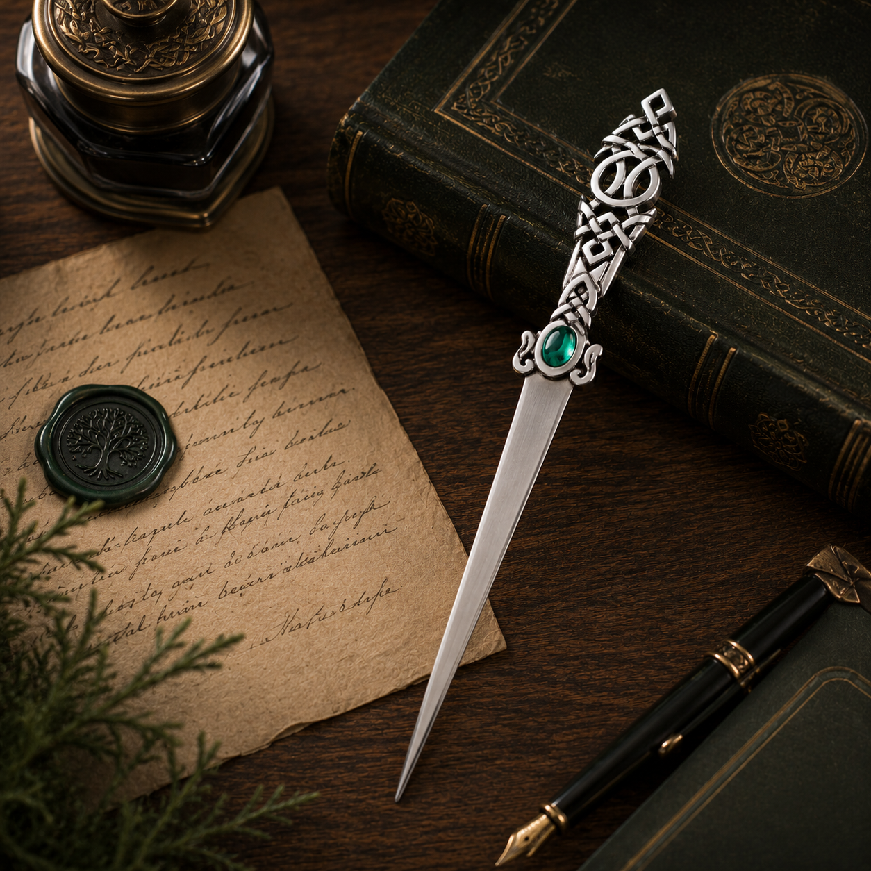 Handcrafted pewter Celtic letter opener featuring intricate Celtic knotwork and green gemstone centre, displayed with vintage writing accessories on a traditional desk.