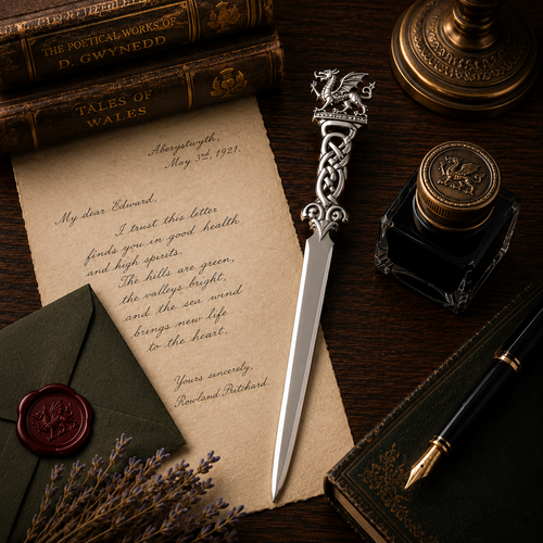 Handcrafted pewter Welsh dragon letter opener featuring an intricate Celtic knotwork design, displayed with antique writing accessories on a traditional desk.