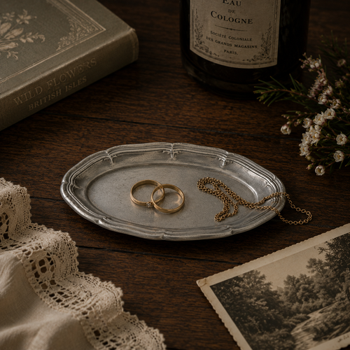 Handcrafted pewter scalloped winkle dish in antique satin finish displaying gold rings and a delicate chain on a rustic wooden table with vintage books, lace fabric and floral accents in warm ambient light