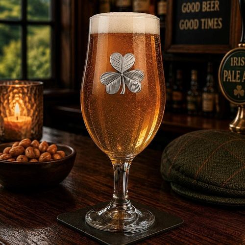 A stemmed beer chalice glass filled with golden ale and a frothy white head, featuring a raised pewter shamrock emblem with detailed leaf textures