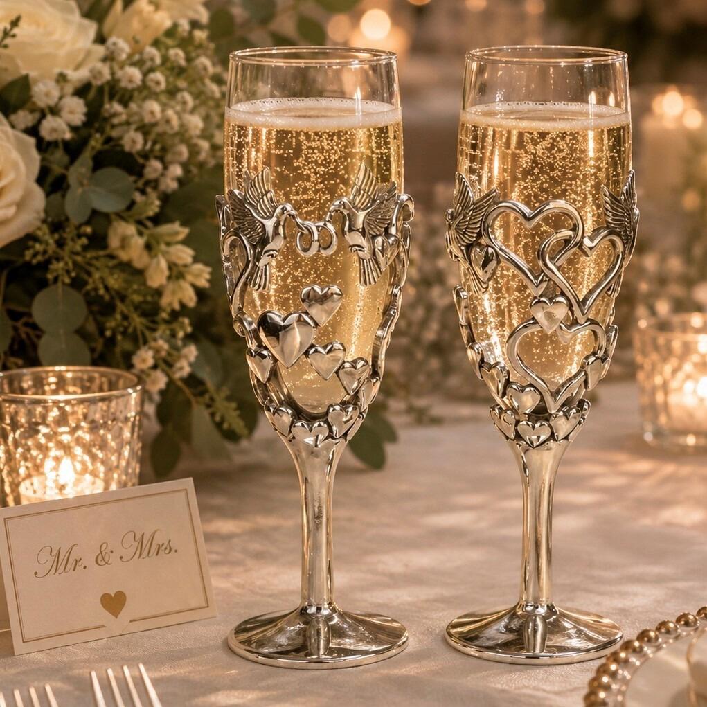 A pair of elegant champagne flutes filled with bubbling champagne, standing side-by-side on a white tablecloth. The stems and lower halves of the glass bowls are encased in intricate pewter metal designs; the glass on the left features two lovebirds facing each other above a cluster of polished hearts, while the glass on the right features interlocking, openwork heart shapes