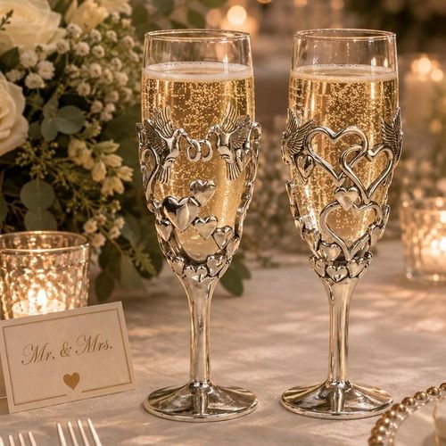 A pair of elegant champagne flutes filled with bubbling champagne, standing side-by-side on a white tablecloth. The stems and lower halves of the glass bowls are encased in intricate pewter metal designs; the glass on the left features two lovebirds facing each other above a cluster of polished hearts, while the glass on the right features interlocking, openwork heart shapes