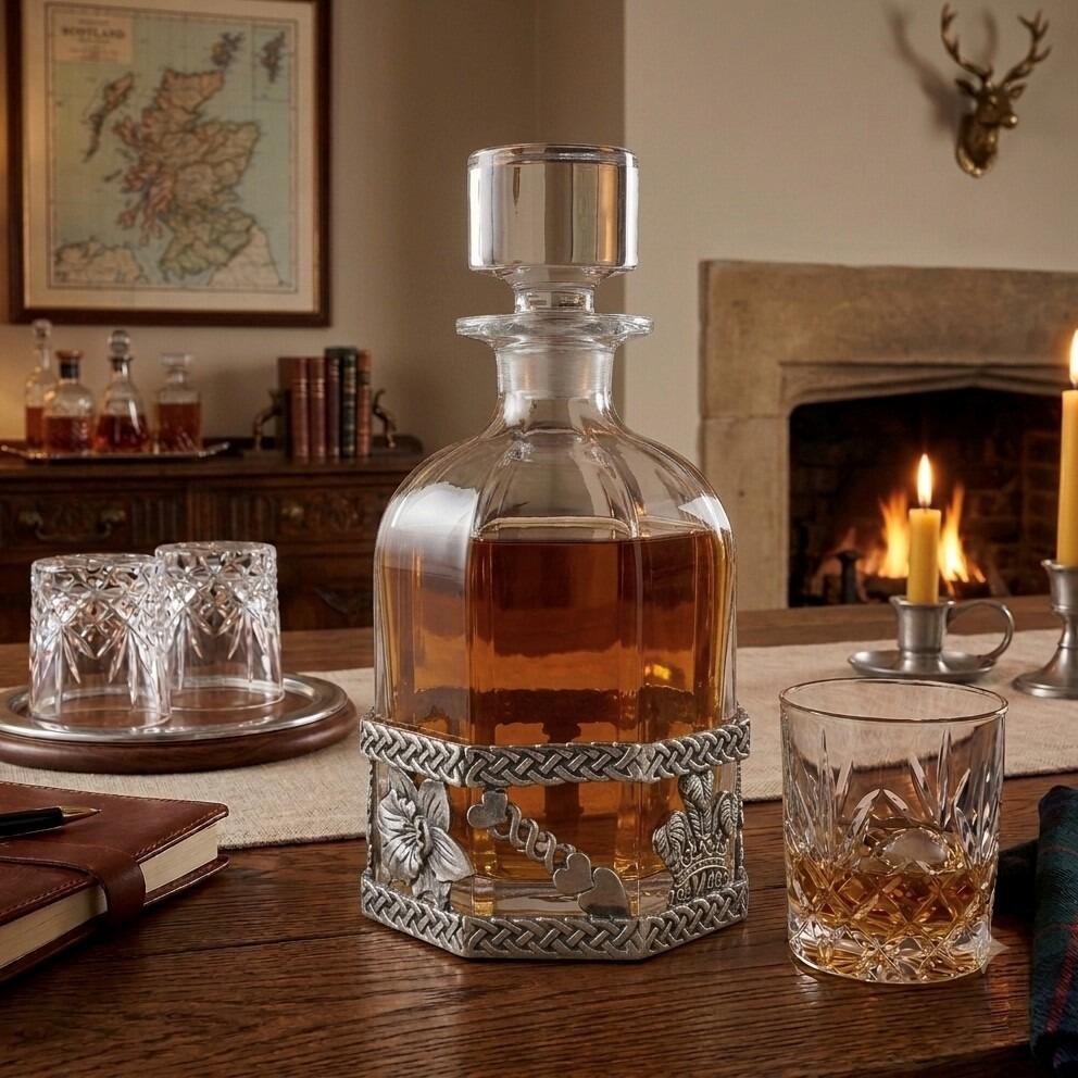 A clear glass spirits decanter filled with amber liquid, sitting in an ornate, hexagonal pewter base decorated with Celtic knot borders and reliefs of a daffodil, a love spoon with interlocking hearts, and the Prince of Wales feathers