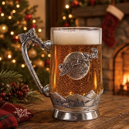 A clear glass beer tankard filled with golden, bubbling lager and a thick white foam head, resting on a rustic wooden table. The glass is adorned with festive pewter elements; the handle is sculpted in the shape of a striped candy cane topped with a decorative bow, while the front features a circular relief of Santa's sleigh and reindeer flying across a detailed full moon. The base wrap depicts a snowy winter village scene with pine trees, cottages, and rolling hills