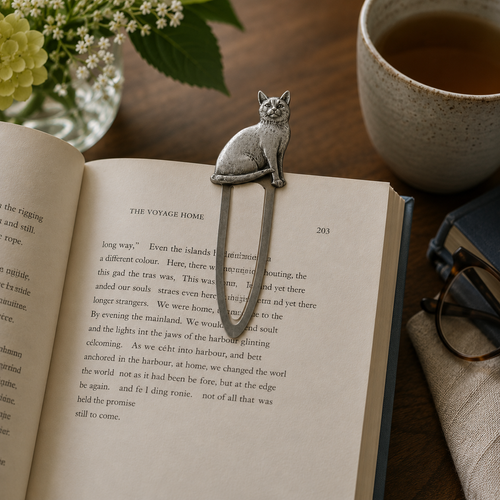Handcrafted pewter cat bookmark fitted over the page of an open book in a cosy reading nook with a cup of tea, fresh flowers, books and soft natural light